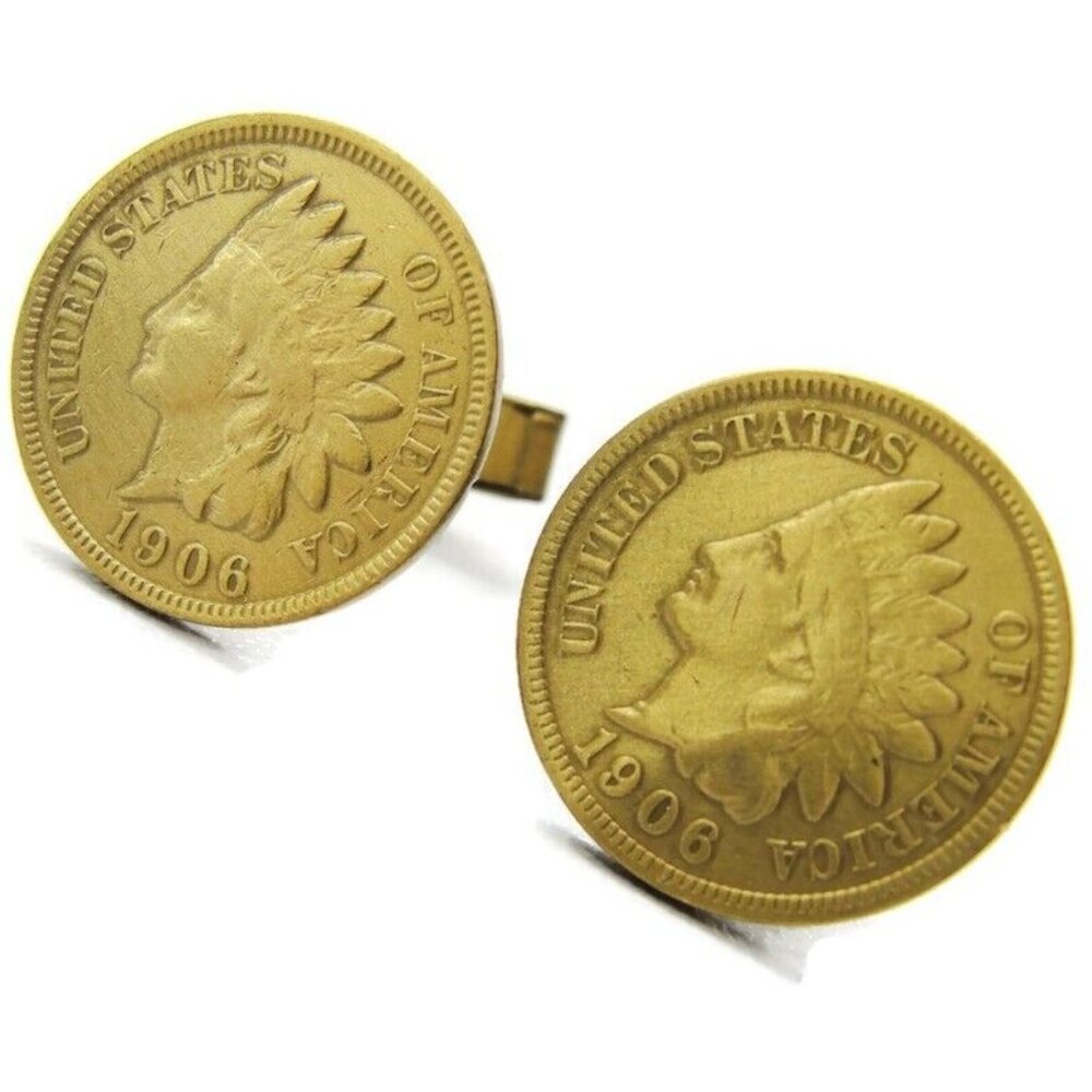 1906 Indian Head Cent Penny Vintage Cufflinks Gold Tone Signed Pat No Shirt